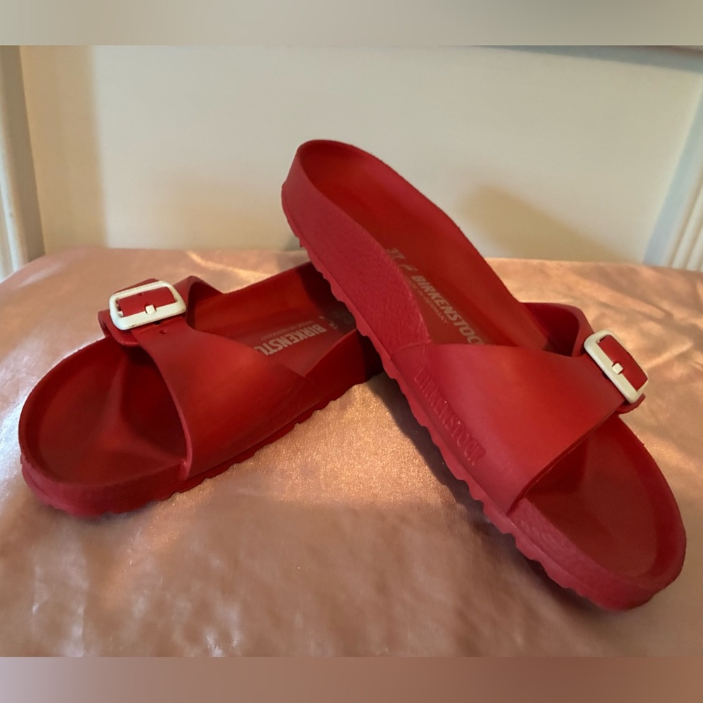 Birkenstock Single Strap EVA Slide Sandals in Red with White Buckles